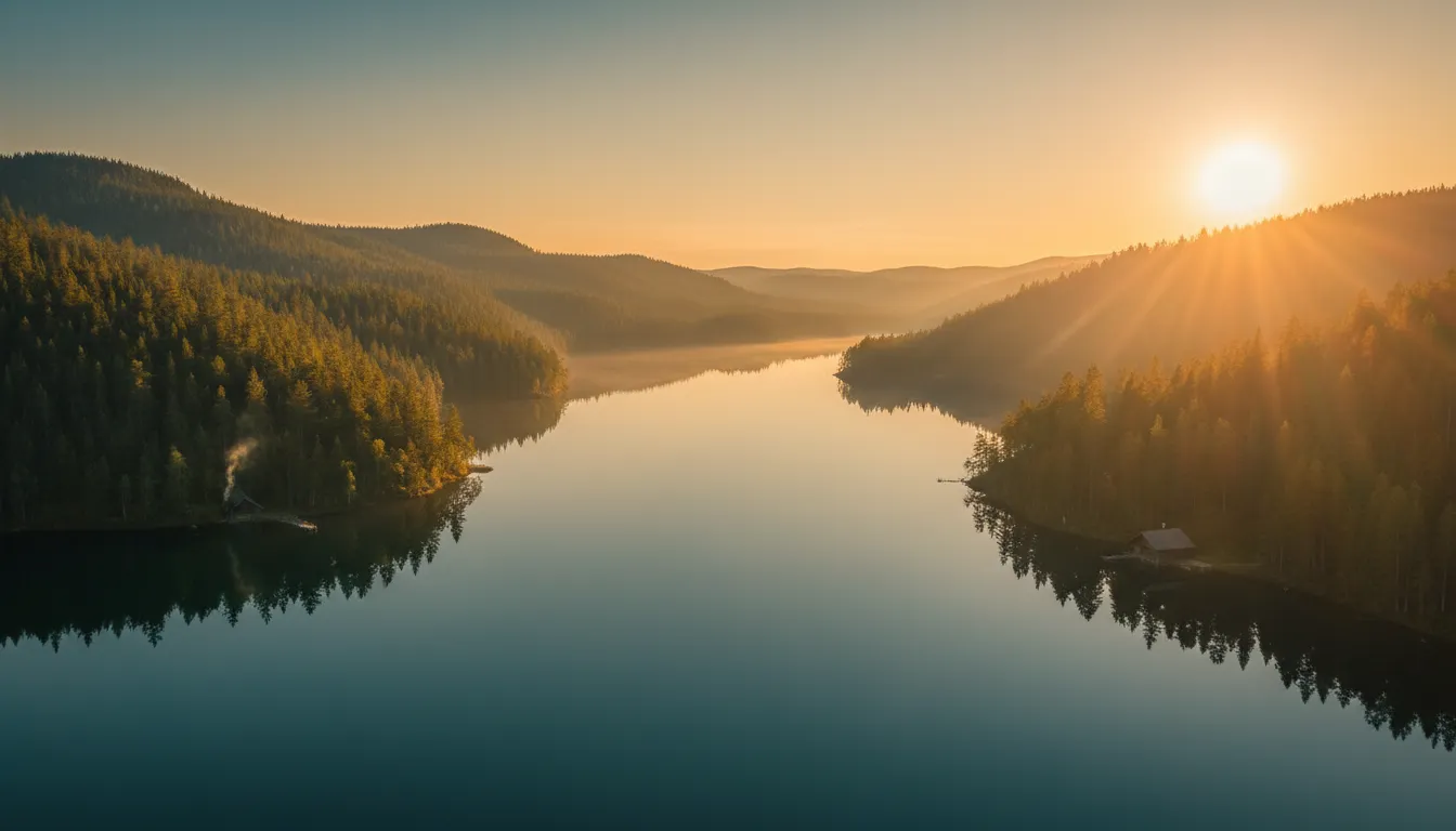 Nordiskt landskap med sjö och skog